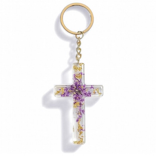 Porte-cl&eacute; croix avec inclusions de fleurs - violet