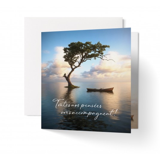 Carnet Carr&eacute; Condol&eacute;ances Arbre et barque au milieu d'un lac
