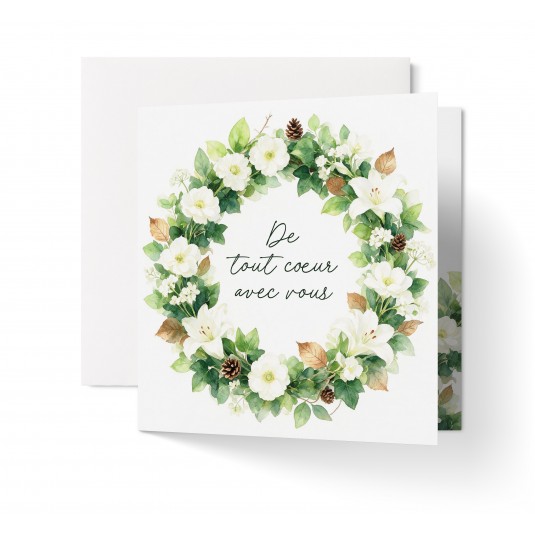 Carnet Carr&eacute; Condol&eacute;ances Couronne de fleurs blanches