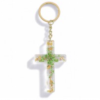 Porte-cl&eacute; croix avec inclusions de fleurs - vert