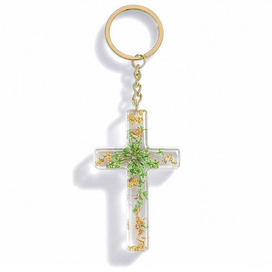 Porte-cl&eacute; croix avec inclusions de fleurs - vert