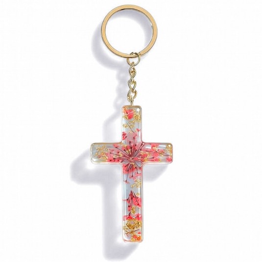 Porte-cl&eacute; croix avec inclusions de fleurs - rouge