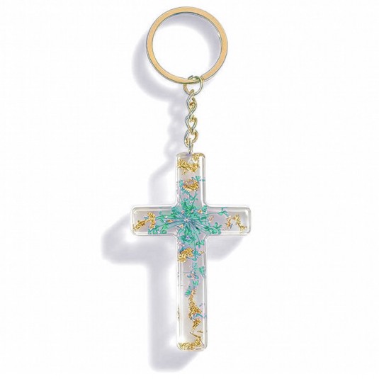 Porte-cl&eacute; croix avec inclusions de fleurs - turquoise