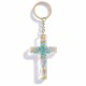 Porte-cl&eacute; croix avec inclusions de fleurs - turquoise