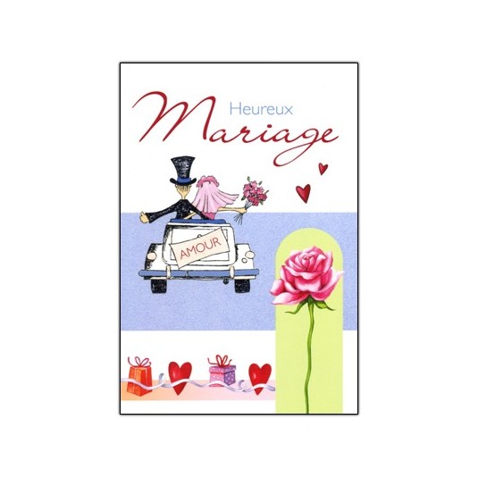 Carte Double Mariage Voiture mari&eacute;s blanche dessin&eacute;e