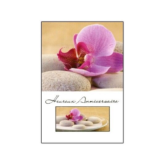 Carte Double Anniversaire Orchid&eacute;e sur galets et sable