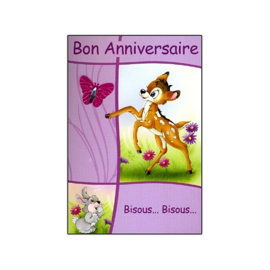 Carte Double Anniversaire Bambi sur deux pattes, fond lilas