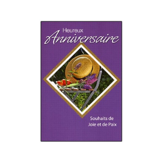Carte Double Anniversaire Chapeau, fleurs, fruits sur chaise