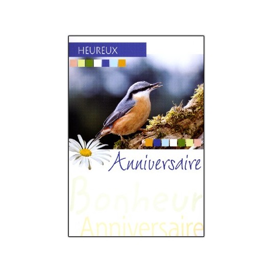 Carte Double Anniversaire Oiseau sur branche, marguerite