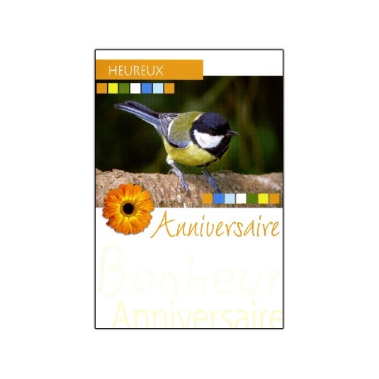 Carte Double Anniversaire Oiseau sur branche, fleur orange