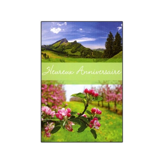 Carte Double Anniversaire Montagnes, verger en fleurs