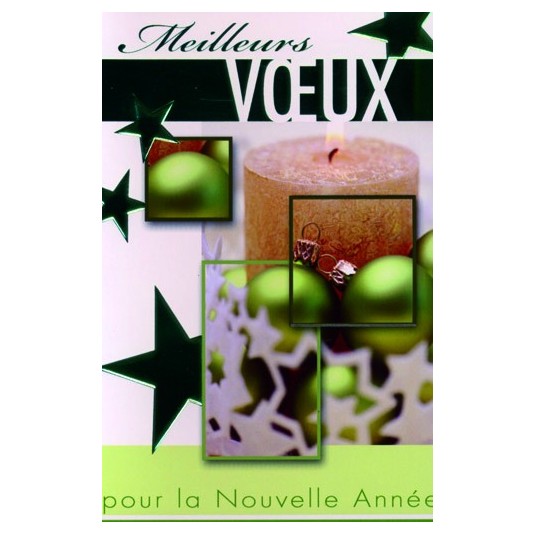 CARTE DOUBLE Meilleurs V&oelig;ux Bougie blanche et boules vertes