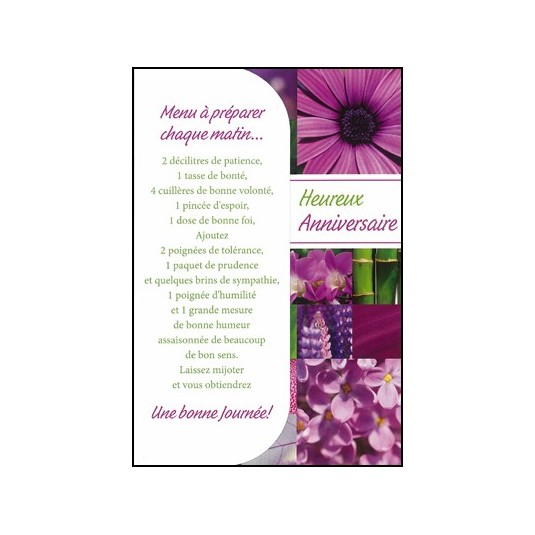 Carte Double Anniversaire Menu, fleurs mauves