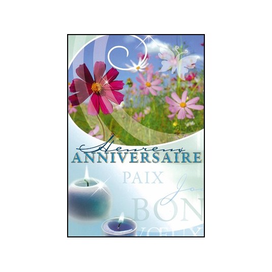 Carte Double Anniversaire Champ de fleurs, bougies bleues