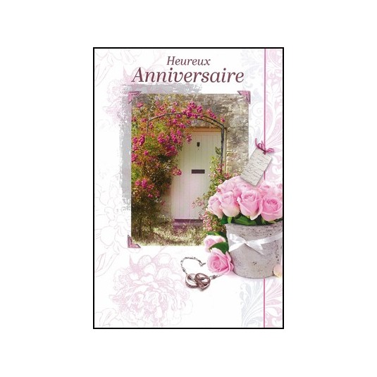 Carte Double Anniversaire Porte et roses roses