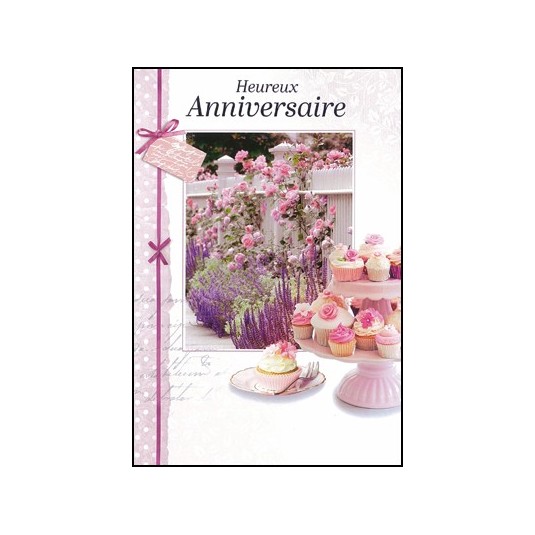 Carte Double Anniversaire Cl&ocirc;ture fleurie et plateau de g&acirc;teaux