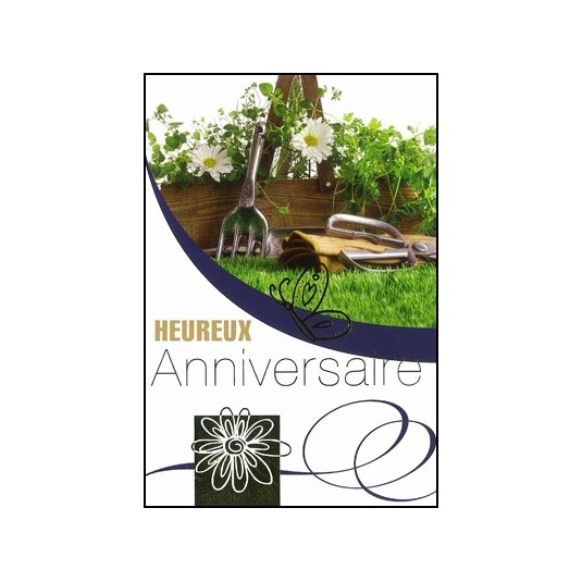 Carte Double Anniversaire Jardinini&egrave;re et outils de jardin