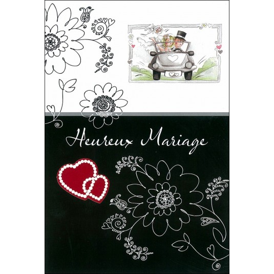 Carte Double Mariage Coeurs sur fond noir, voiture