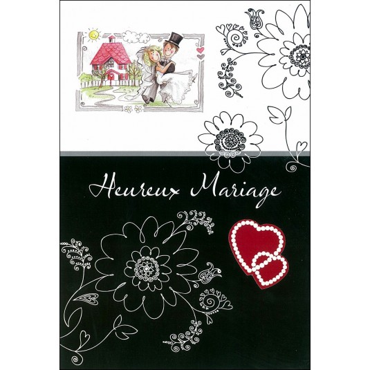 Carte Double Mariage Coeurs sur fond noir, maison