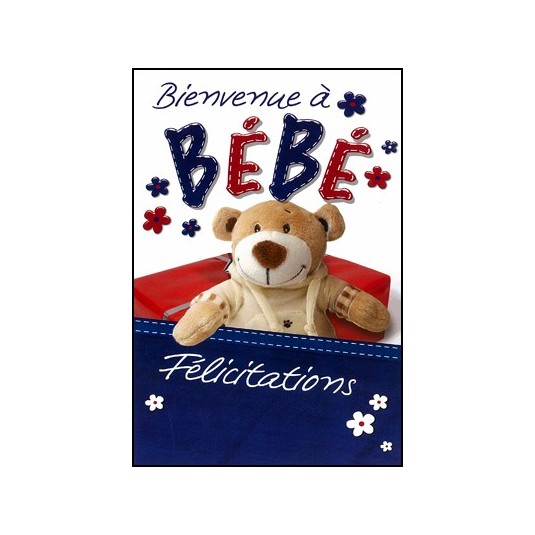 Carte Double Naissance Ourson devant un cadeau