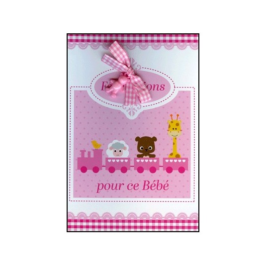 Carte Double Naissance Petit train rose