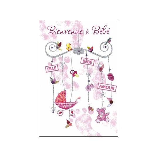Carte Double Naissance Mobile avec sujets b&eacute;b&eacute; rose