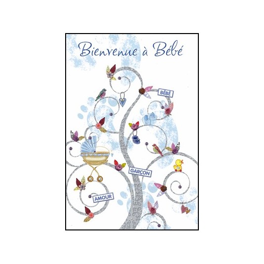 Carte Double Naissance Arbre d&eacute;cor sujets b&eacute;b&eacute; bleu