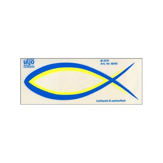 Autocollant Ichtus bleu/jaune fluo 13cm