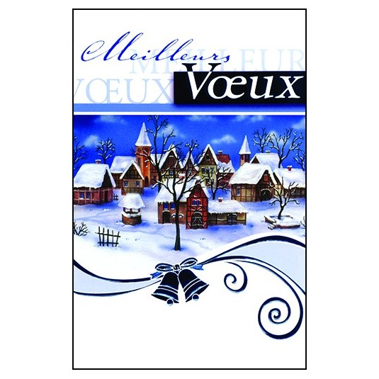 CARTE DOUBLE Meilleurs V&oelig;ux Village dessin&eacute; ss la neige(fond bleu)