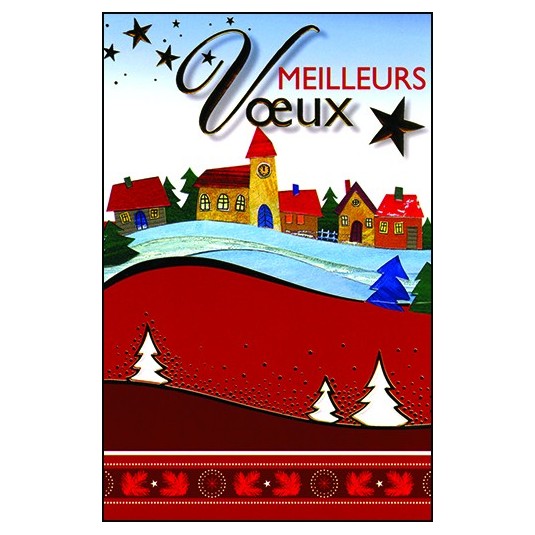 CARTE DOUBLE Meilleurs V&oelig;ux Village dessin&eacute; (fond rouge)
