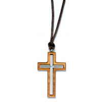 Collier fil 70cm avec croix couleur argent/bois d'olivier 4x2.5cm