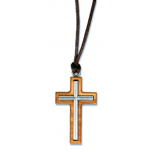 Collier fil 70cm avec croix couleur argent/bois d'olivier 