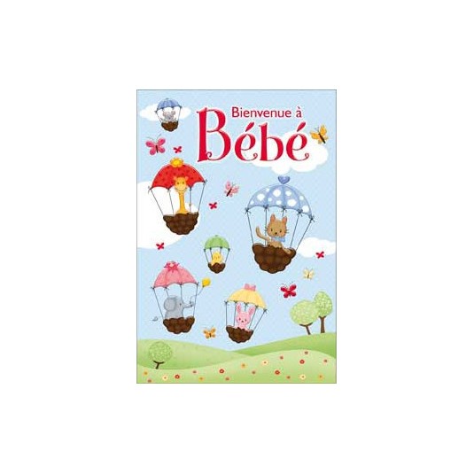 Carte Double Naissance Animaux en parachute fond bleu