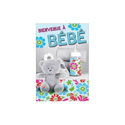 Carte Double Naissance Ourson biberon fond bleu