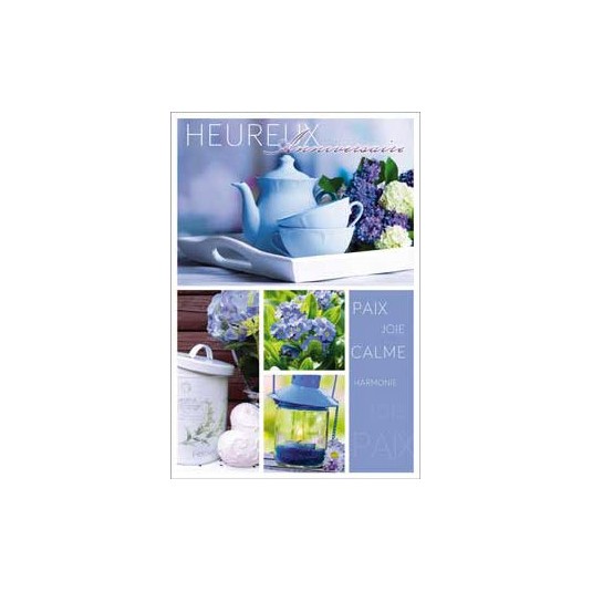 Carte Double Anniversaire Th&eacute;i&egrave;re et  lilas, lanterne bleu