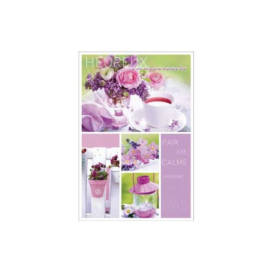Carte Double Anniversaire Th&eacute; et  bouquet, pot et lanterne rose