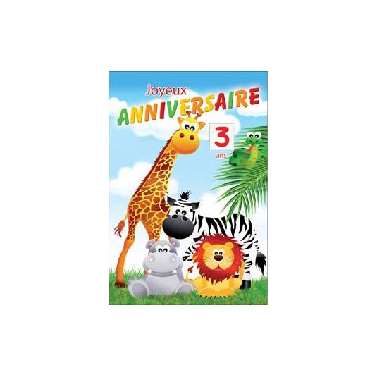 Carte Double Anniversaire Girafe, z&egrave;bre, hyppopotame, lion