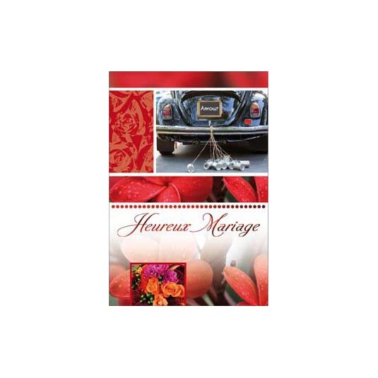 Carte Double Mariage Arrière de voiture noire, fleurs orange