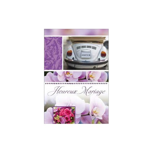 Carte Double Mariage Arri&egrave;re de voiture blanche, fleurs mauve