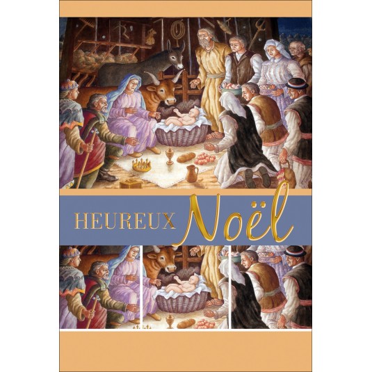 CARTE DOUBLE Heureux No&euml;l Mages apportant des cadeaux &agrave; J&eacute;sus