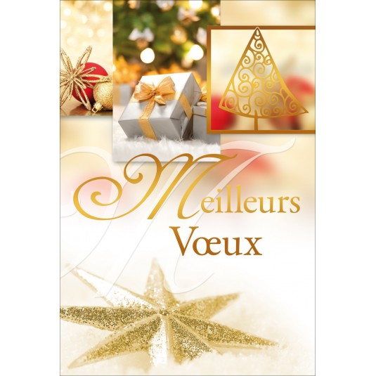 CARTE DOUBLE Meilleurs V&oelig;ux Cadeau, sapin et &eacute;toile dor&eacute;