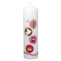 Bougie de naissance à motifs roses : croix, colombe, robe et couronne