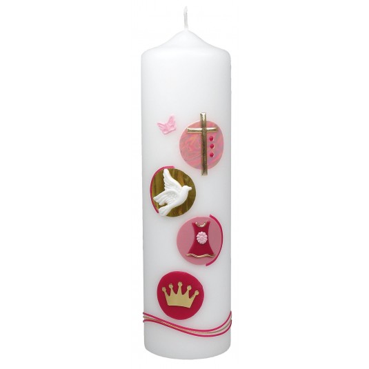 Bougie de naissance rose : croix, colombe, robe et couronne