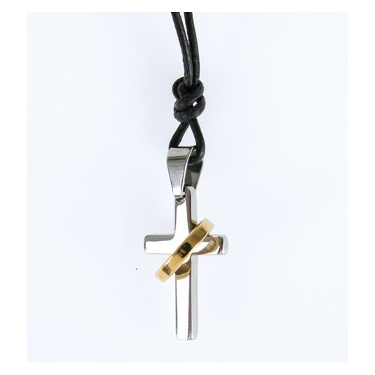 Pendentif Croix, anneau entremélés, acier, collier cuir 47cm