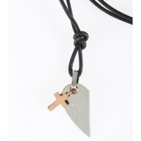 Pendentif Croix, demi-cœur acier inoxydable, collier cuir 47cm