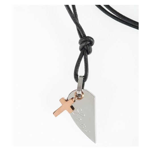 Pendentif Croix, demi-coeur acier inoxydable, collier cuir 47cm