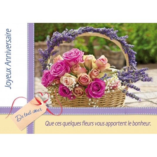 Carte Double Anniversaire Bouquet de roses et lavande dans un panier