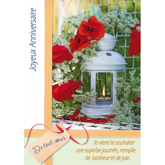 Carte Double Anniversaire Lanterne et coquelicots