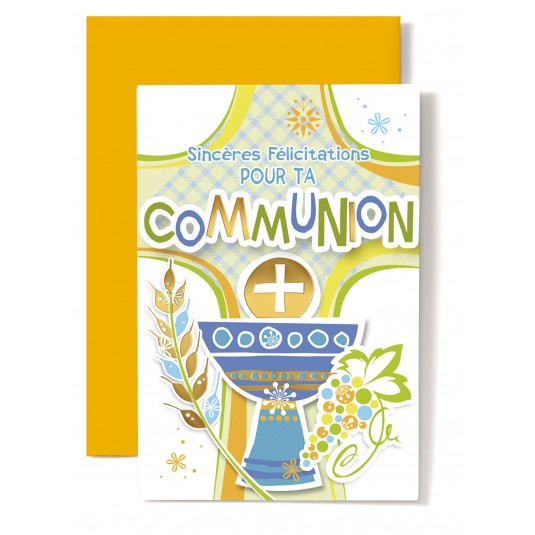 Carte Double Communion Coupe bleue devant croix verte