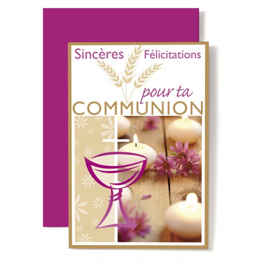 Carte Double Communion Coupe rose, bougies blanche
